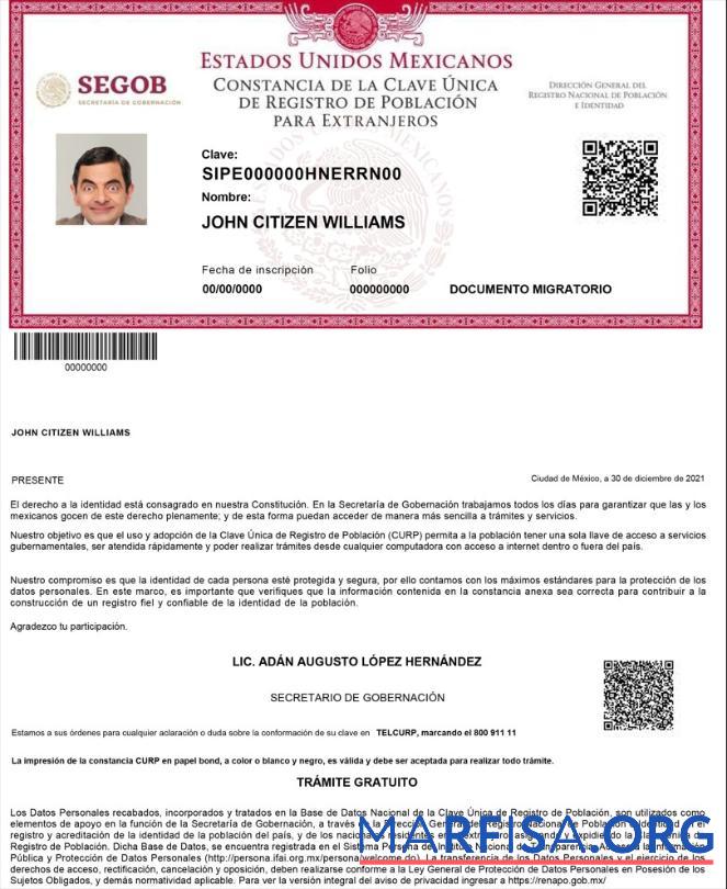 Downloadable Mexico Registro de Poblacion de Mexico (CURP number) example